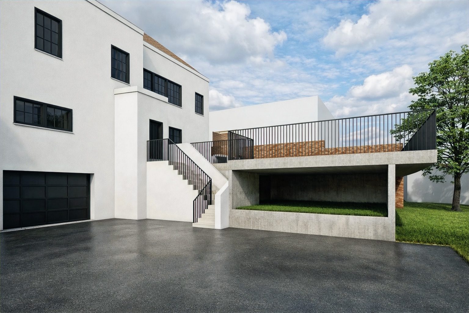 Parking area render: garage level below new concrete retaini